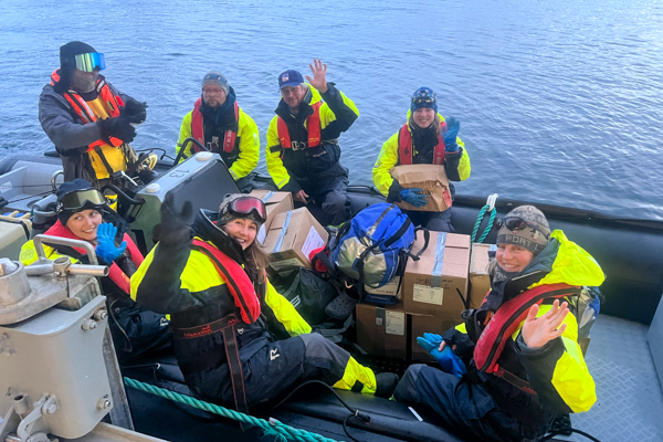 The Port Lockroy team in a Zodiac