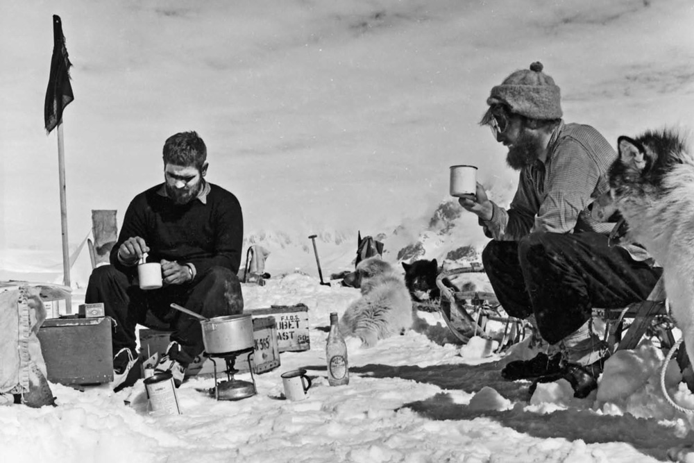 A B&W photo of two scientists and their sledge dogs drinking tea