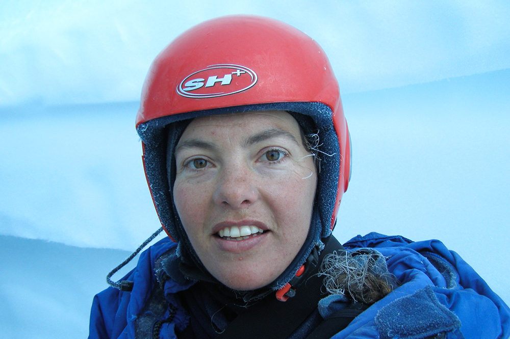 Rachael Mead in a red helmet