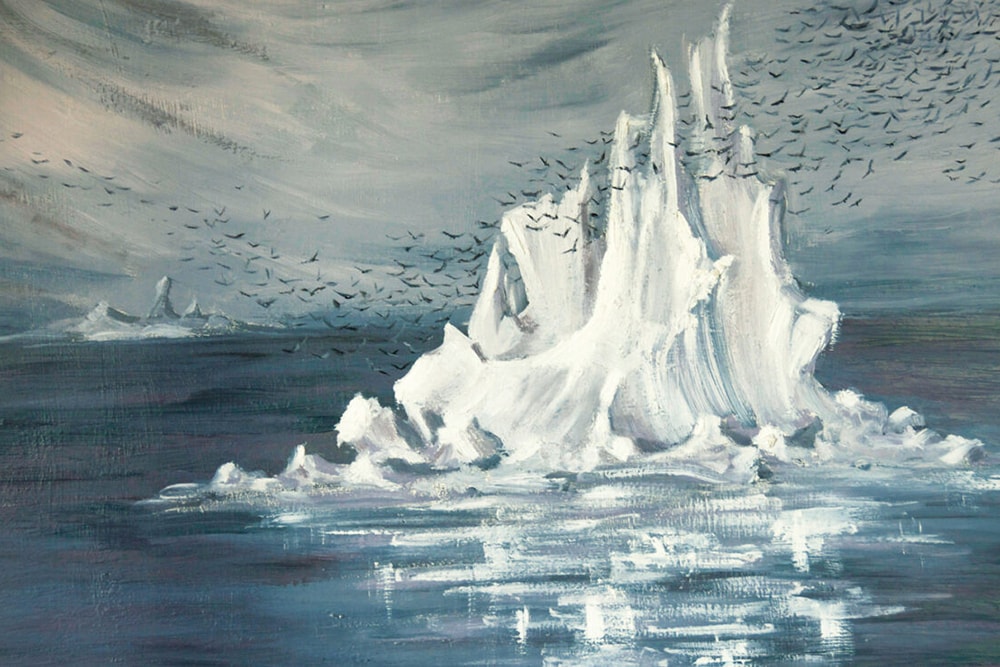 A painting of an iceberg surrounded by flying birds