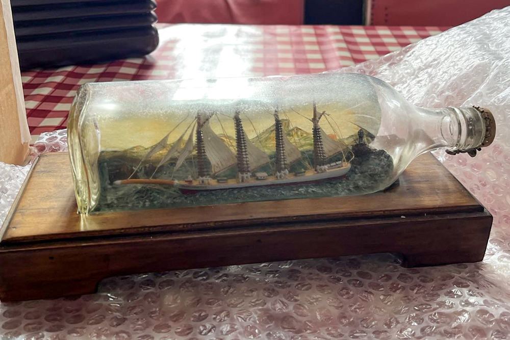 the ship in a bottle surrounded by bubble wrap